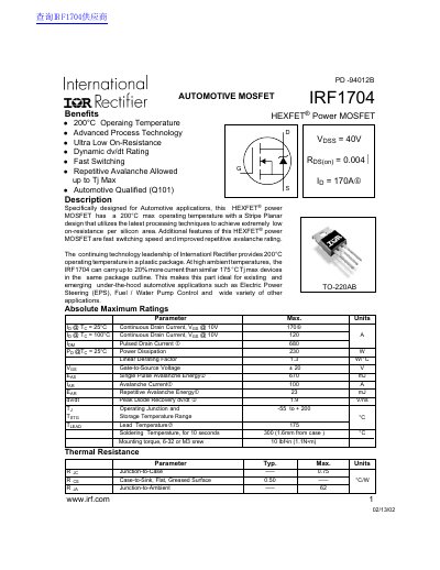 International Rectifier IRF1704 Power MOSFET Datasheet - cover page
