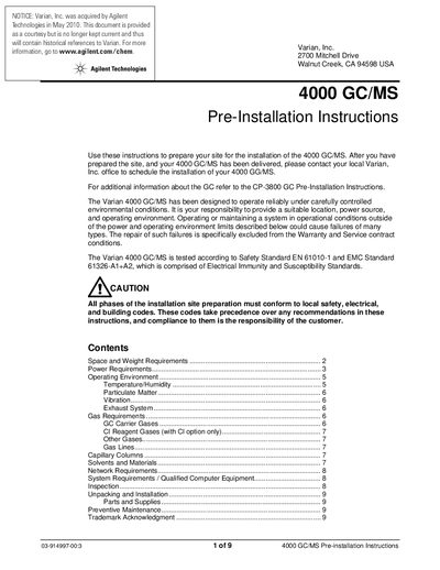 Agilent 4000 GC/MS Pre-Installation Instructions - cover page