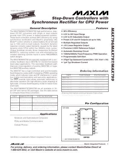 Maxim MAX796/MAX797/MAX799 Step-Down Controllers Datasheet - cover page