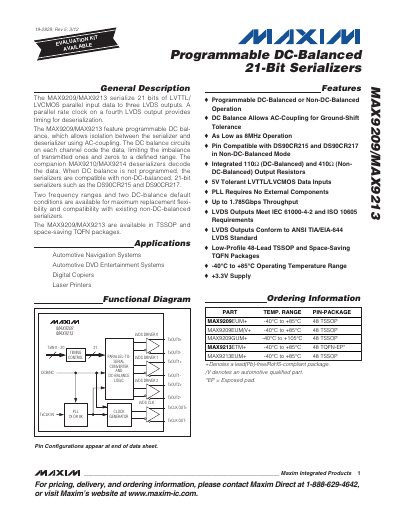 Maxim Integrated MAX9209/MAX9213 Programmable DC-Balanced 21-Bit Serializer Data Sheet - cover page