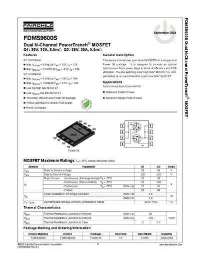 Fairchild FDMS9600S Dual N-Channel MOSFET Datasheet - cover page
