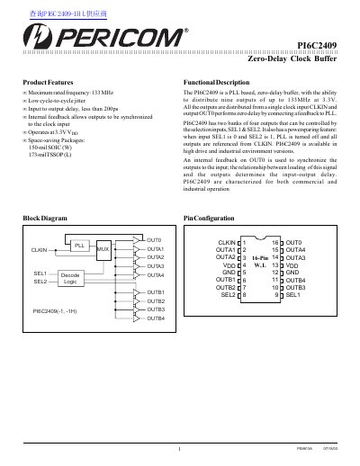 Pericom PI6C2409 Zero Delay Clock Buffer Datasheet - cover page
