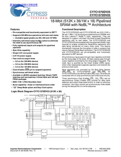 Cypress CY7C1370DV25/CY7C1372DV25 18-Mbit Pipelined SRAM Datasheet - cover page