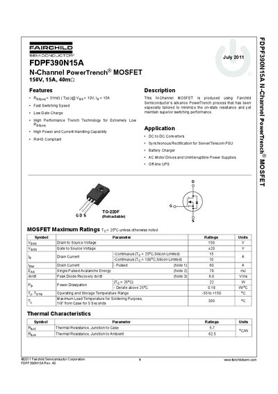 Fairchild FDPF390N15A N-Channel PowerTrench MOSFET Datasheet - cover page