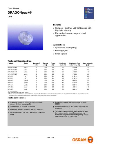 OSRAM DP3 DRAGONpuck Datasheet - cover page