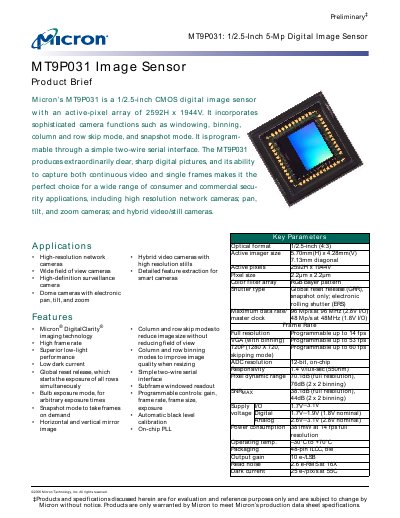 Micron MT9P031 Image Sensor Product Brief - cover page