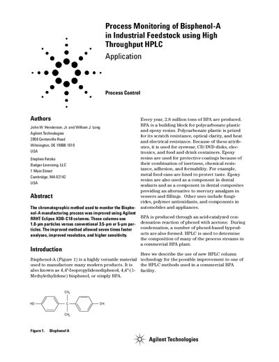 Agilent Eclipse XDB-C18 RRHT Bisphenol-A Analysis Application Note - cover page