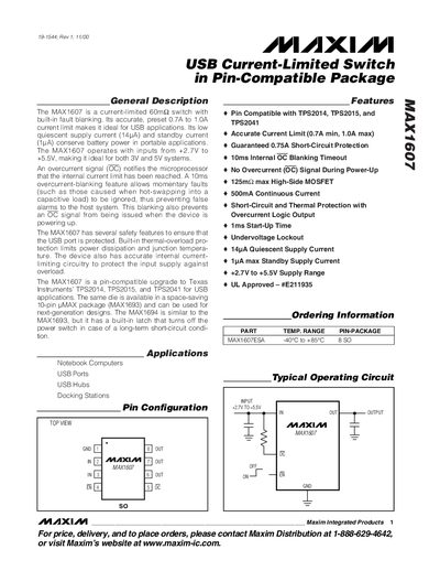 Maxim MAX1607 USB Current-Limited Switch Datasheet - cover page