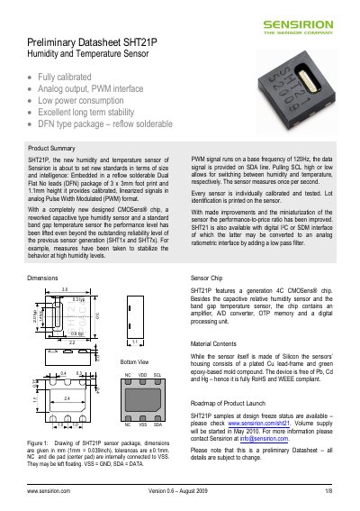 Sensirion SHT21 P Humidity and Temperature Sensor Preliminary Datasheet - cover page