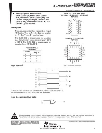 Texas Instruments SN54HC02, SN74HC02 Quadruple 2-Input Positive-NOR Gates Datasheet