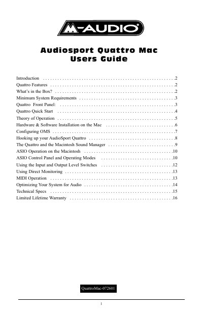M-Audio Audiosport Quattro Mac Users Guide - cover page