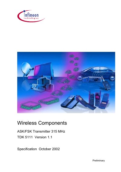 INFINEON Wireless Components ASK/FSK Transmitter 315 MHz TDK 5111 Version 1.1 Manual - cover page