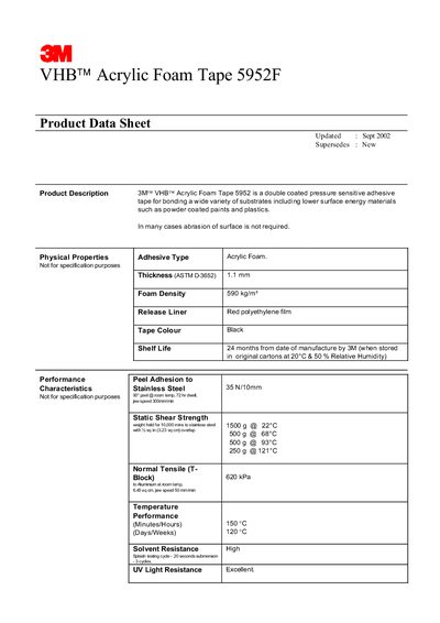 3M VHB 5952F Acrylic Foam Tape Data Sheet - cover page