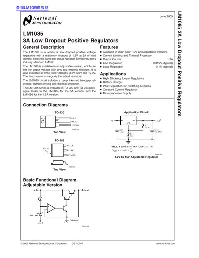 National Semiconductor LM1085 3A Low Dropout Positive Regulators Datasheet