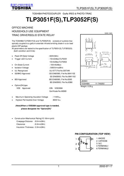 Toshiba TLP3051F(S)/TLP3052F(S) Datasheet - cover page