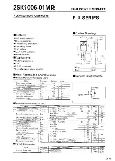 FUJI 2SK1006-01MR N-Channel Silicon Power MOS-FET Datasheet - cover page