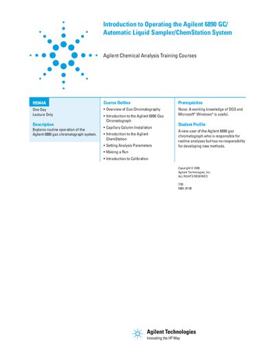 Agilent 6890 GC/Automatic Liquid Sampler ChemStation Operation Handbook H5944A - cover page