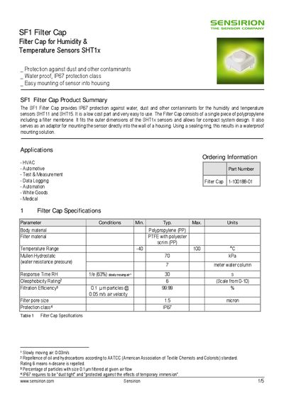 Sensirion SF1 Filter Cap Datasheet - cover page