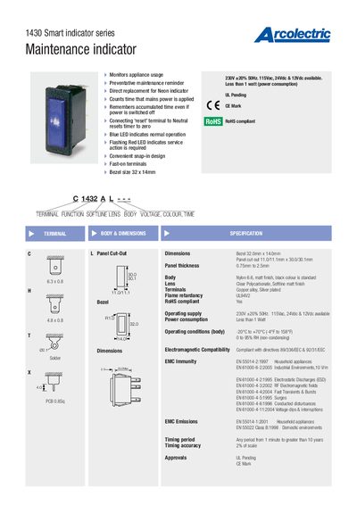Arcolectric 1430 Smart Indicator Maintenance Indicator Datasheet - cover page