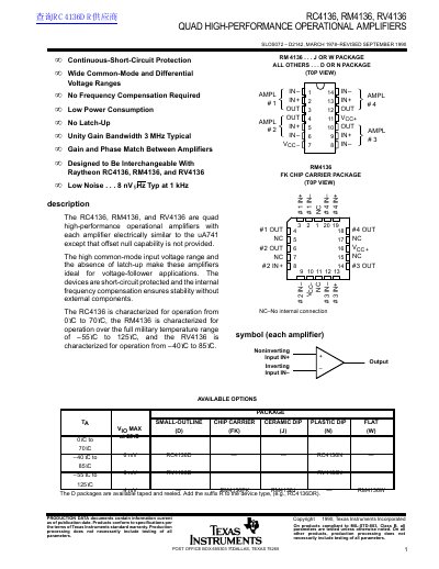 Texas Instruments RC4136, RM4136, RV4136 Quad Operational Amplifiers Datasheet