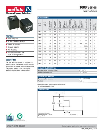 Murata Power Solutions 1000 Series Pulse Transformers Selection Guide - cover page