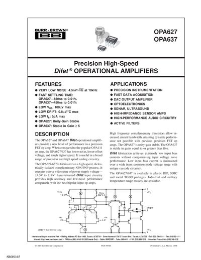 Burr-Brown OPA627/OPA637 Operational Amplifier Datasheet - cover page