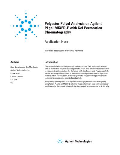 Agilent PLgel MIXED-E Polyester Polyol Analysis Application Note - cover page
