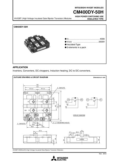 Mitsubishi CM400DY-50H HVIGBT Module Datasheet - cover page
