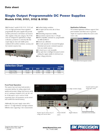 B&K Precision 9150 Series Programmable DC Power Supplies Datasheet - cover page