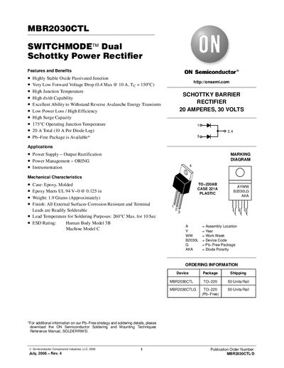 ON Semiconductor MBR2030CTL Switchmode Dual Schottky Power Rectifier Datasheet - cover page