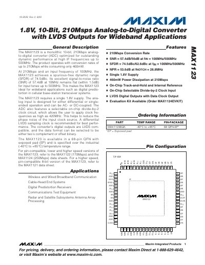 Maxim MAX1123 10‑Bit 210Msps ADC with LVDS Outputs Handbook - cover page