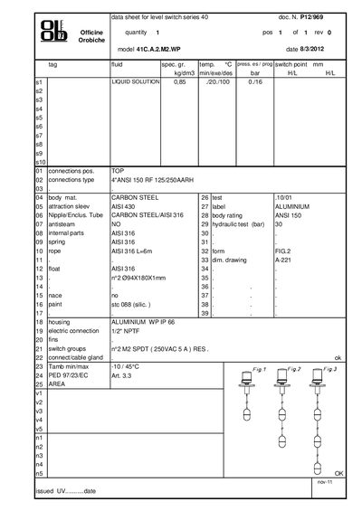Officine Orobiche 41C.A.2.M2.WP Level Switch Datasheet - cover page
