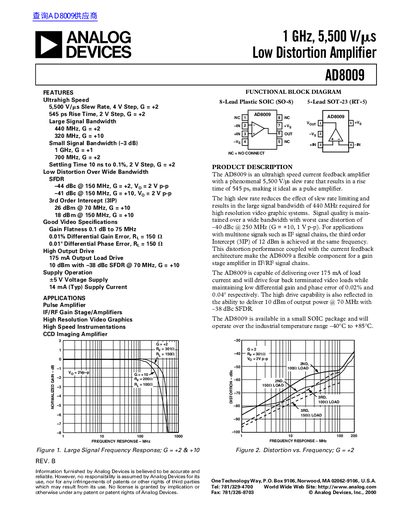 ANALOG DEVICES AD8009 1 GHz 5 500 V/ low distortion amplifier handbook(1) - cover page