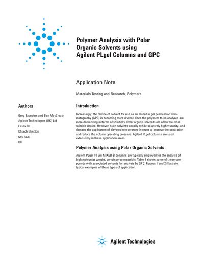 Agilent PLgel Columns GPC Application Note for Polar Organic Solvents - cover page