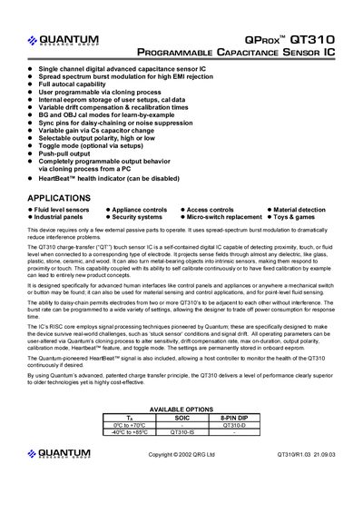 Quantum QT310 Programmable Capacitance Sensor IC Data Sheet - cover page