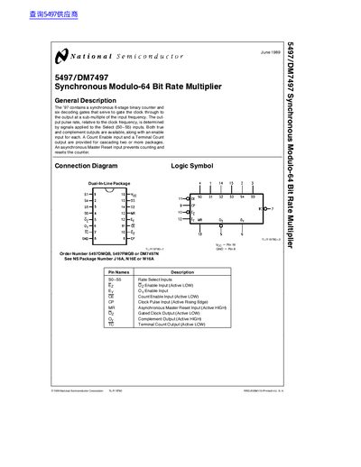 National Semiconductor 5497/DM7497 Synchronous Modulo-64 Bit Rate Multiplier Datasheet - cover page
