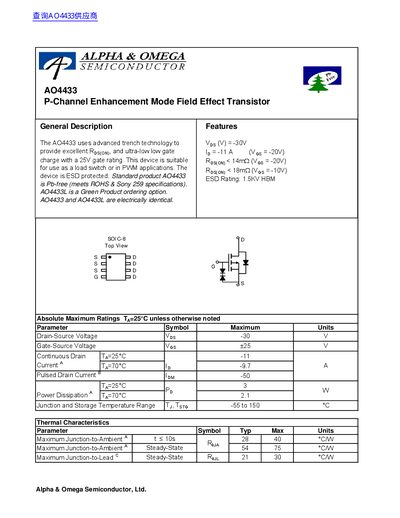 Alpha & Omega AO4433 P-Channel Enhancement Mode FET Datasheet - cover page