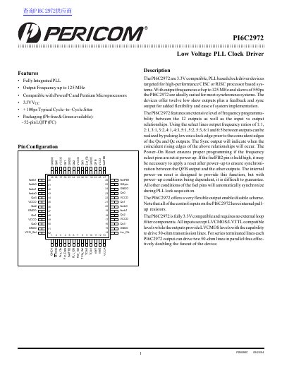 Pericom PI6C2972 Low Voltage PLL Clock Driver Datasheet - cover page