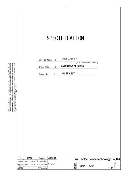 FUJI ELECTRIC - SPECIFICATION Device Name : Type Name : Spec. No. : H04-004-07b IGBT MODULE 2MBI450U4N-120-50 Manual - cover page