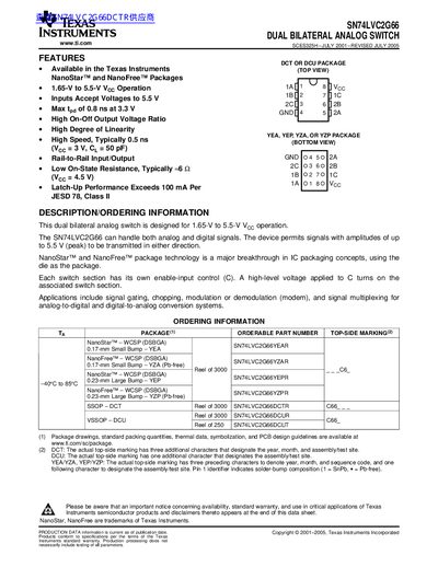 Texas Instruments SN74LVC2G66 Dual Bilateral Analog Switch Data Sheet - cover page