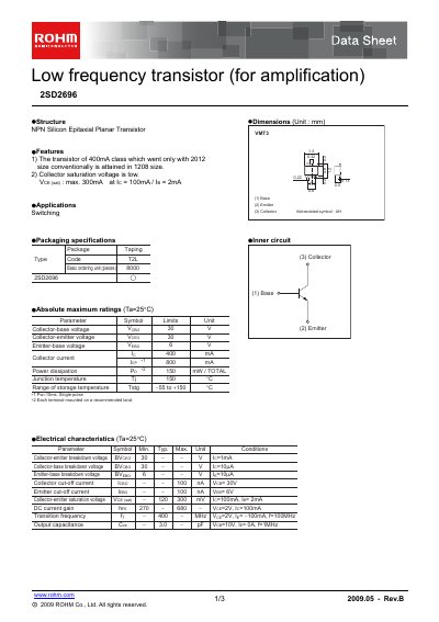 ROHM 2SD2696 NPN Transistor Datasheet - cover page