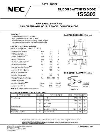 NEC 1SS303 Silicon Switching Diode Datasheet - cover page