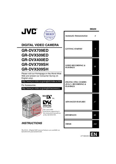 JVC GR-DVX709ED/GR-DVX509ED/GR-DVX400ED/GR-DVX709SH/GR-DVX509SH Digital Video Camera Instruction Manual - cover page