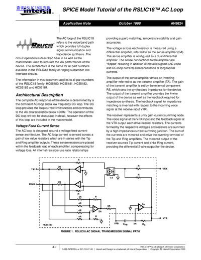 intersil AN9824 SPICE Model Tutorial of the RSLIC18 AC Loop handbook  - cover page