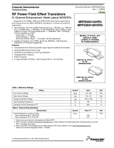 Freescale MRFE6S9130HR3 / MRFE6S9130HSR3 Datasheet - cover page