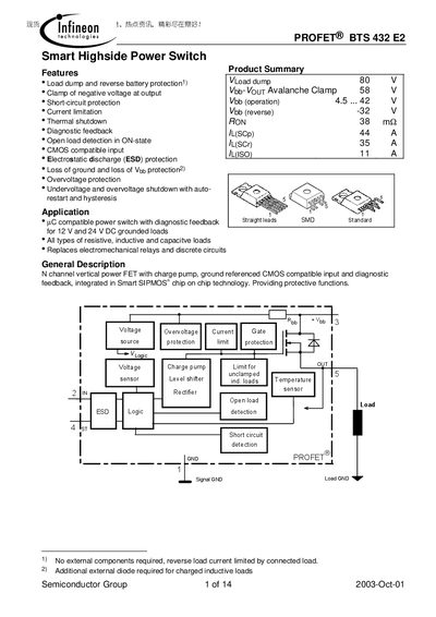 Infineon PROFET BTS 432 E2 Smart Highside Power Switch Datasheet - cover page