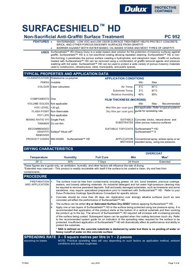 Dulux PC952 Surfaceshield HD Non-Sacrificial Anti-Graffiti Surface Treatment Technical Data Sheet - cover page