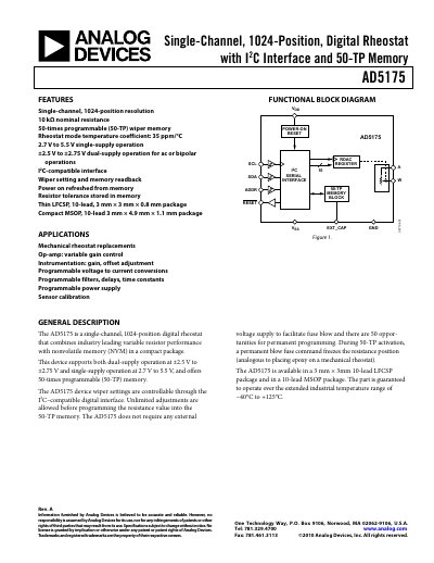 Analog Devices AD5175 Digital Rheostat Datasheet - cover page