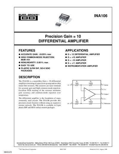 Burr-Brown INA106 Differential Amplifier Datasheet - cover page