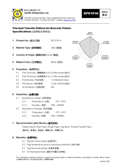 Gentle Enterprises GF6101A Thermal Transfer Ribbon Product Leaflet - cover page